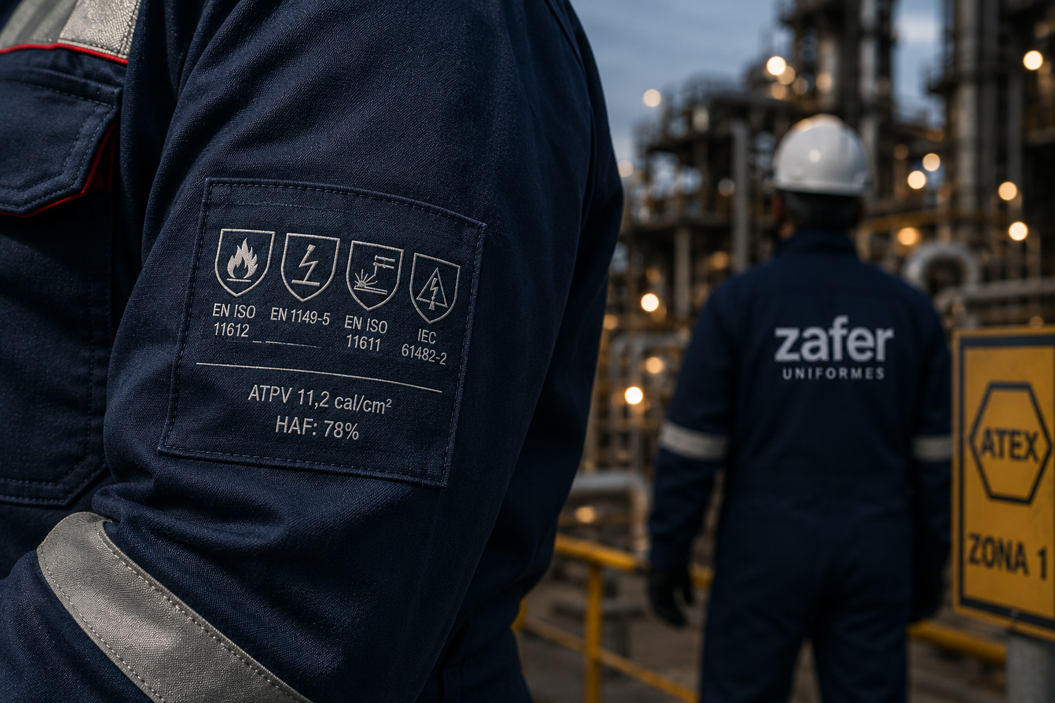 Trabajador con ropa ignífuga en entorno industrial de riesgo - Zafer Uniformes
