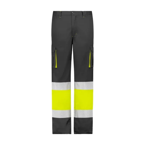 zafer uniformes y ropa de trabajo pantalon alta visibilidad multibolsillo combinado cintura elastica laterales amarillo gris1