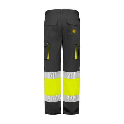 zafer uniformes y ropa de trabajo pantalon alta visibilidad multibolsillo combinado cintura elastica laterales amarillo gris2