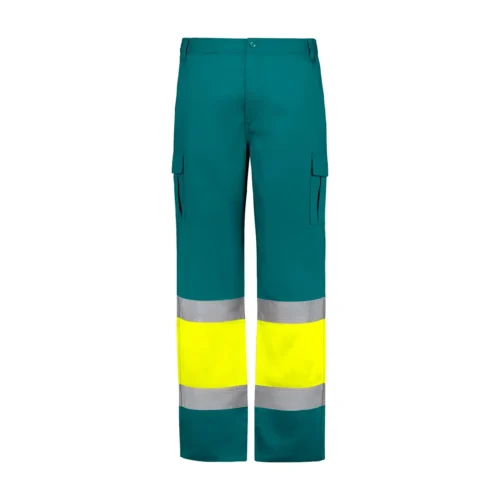 zafer uniformes y ropa de trabajo pantalon alta visibilidad multibolsillo dos bandas reflectantes perneras amarillo verde1