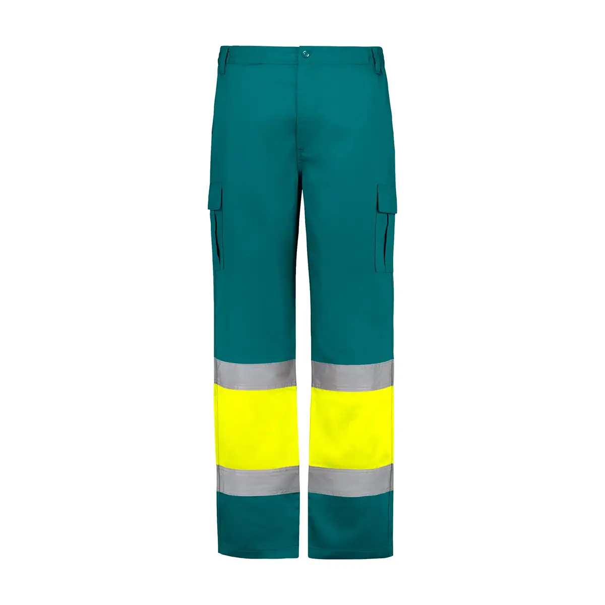 zafer uniformes y ropa de trabajo pantalon alta visibilidad multibolsillo dos bandas reflectantes perneras amarillo verde1