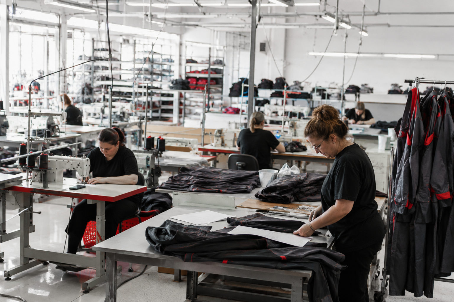Fabricante de ropa laboral confeccionando prendas de trabajo en su taller