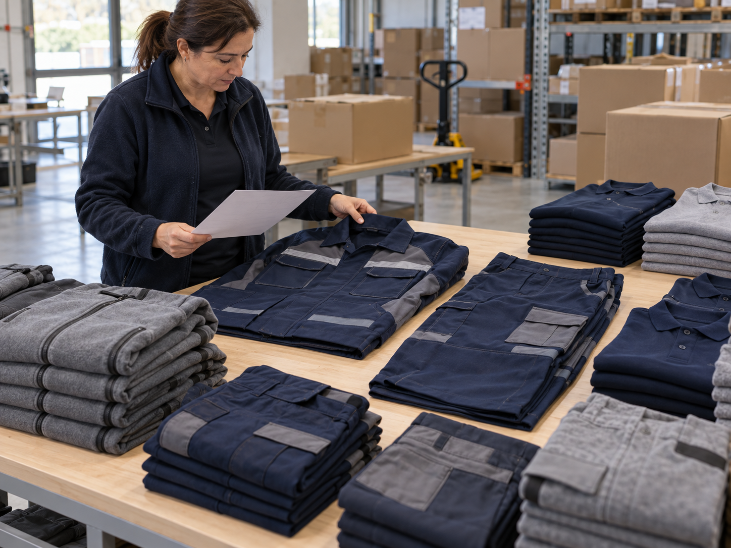 Prendas laborales ordenadas por persona y modelo antes de preparar un pedido